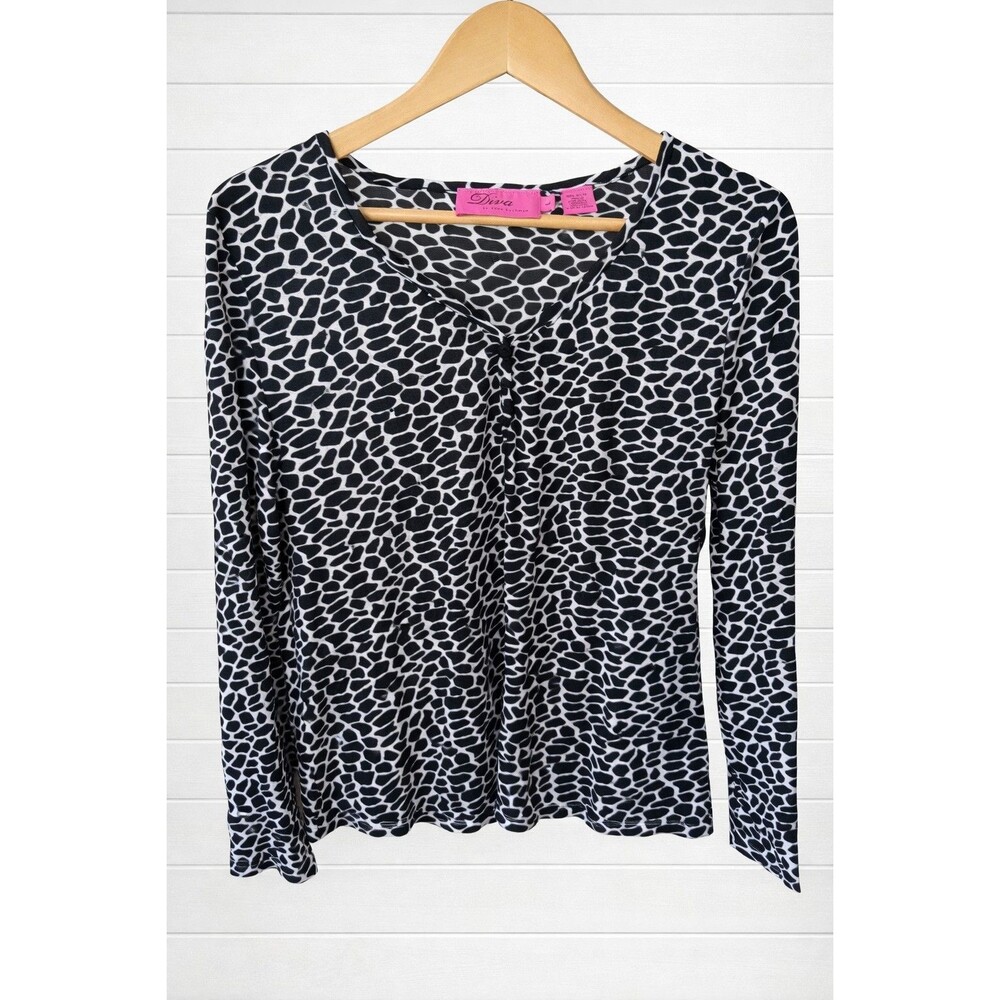 Diva by Dana Buchman Black & White Nylon V-Neck Long Sleeve Polka Dot Shirt L